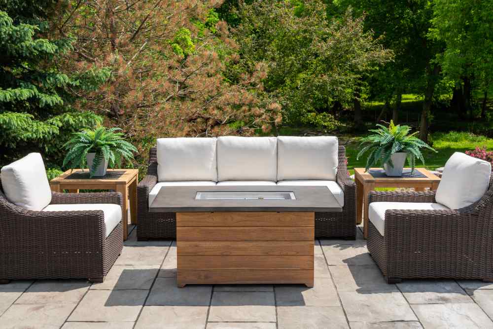 Teak 50" Rectangular Fire Table — Faux Concrete Top