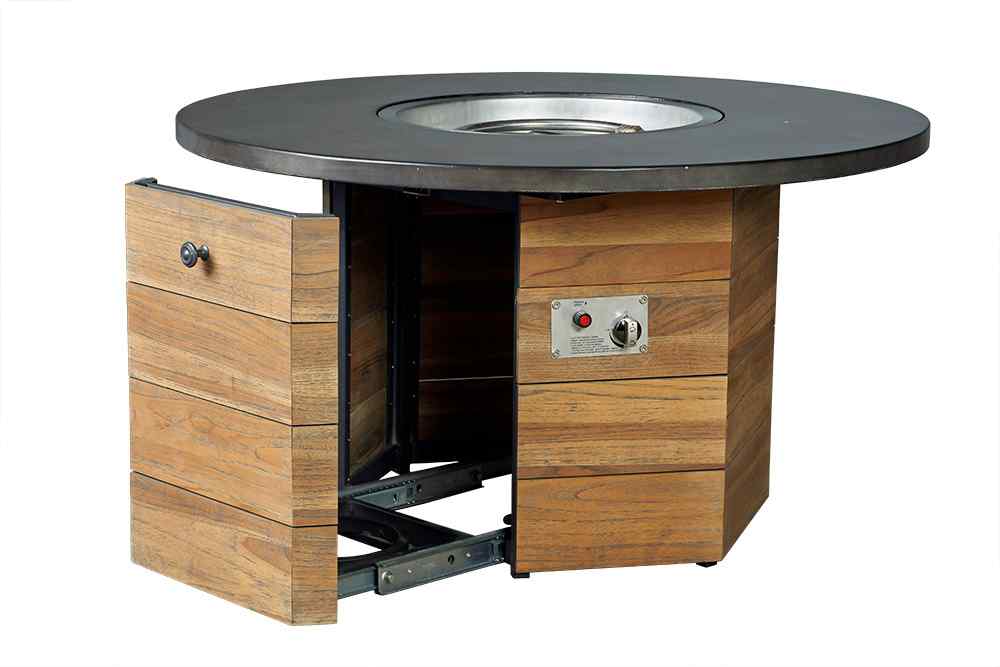 Teak 48" Round Fire Table — Faux Concrete Top