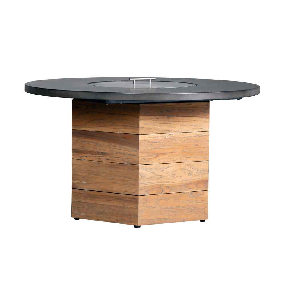 Teak 48" Round Fire Table — Faux Concrete Top