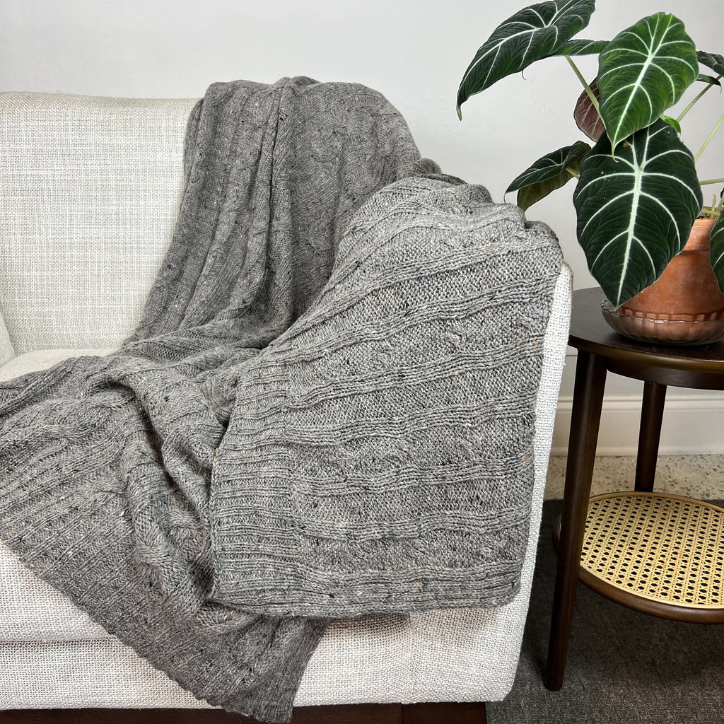 Elysian Smoke Gray Cable Knit Alpaca Throw